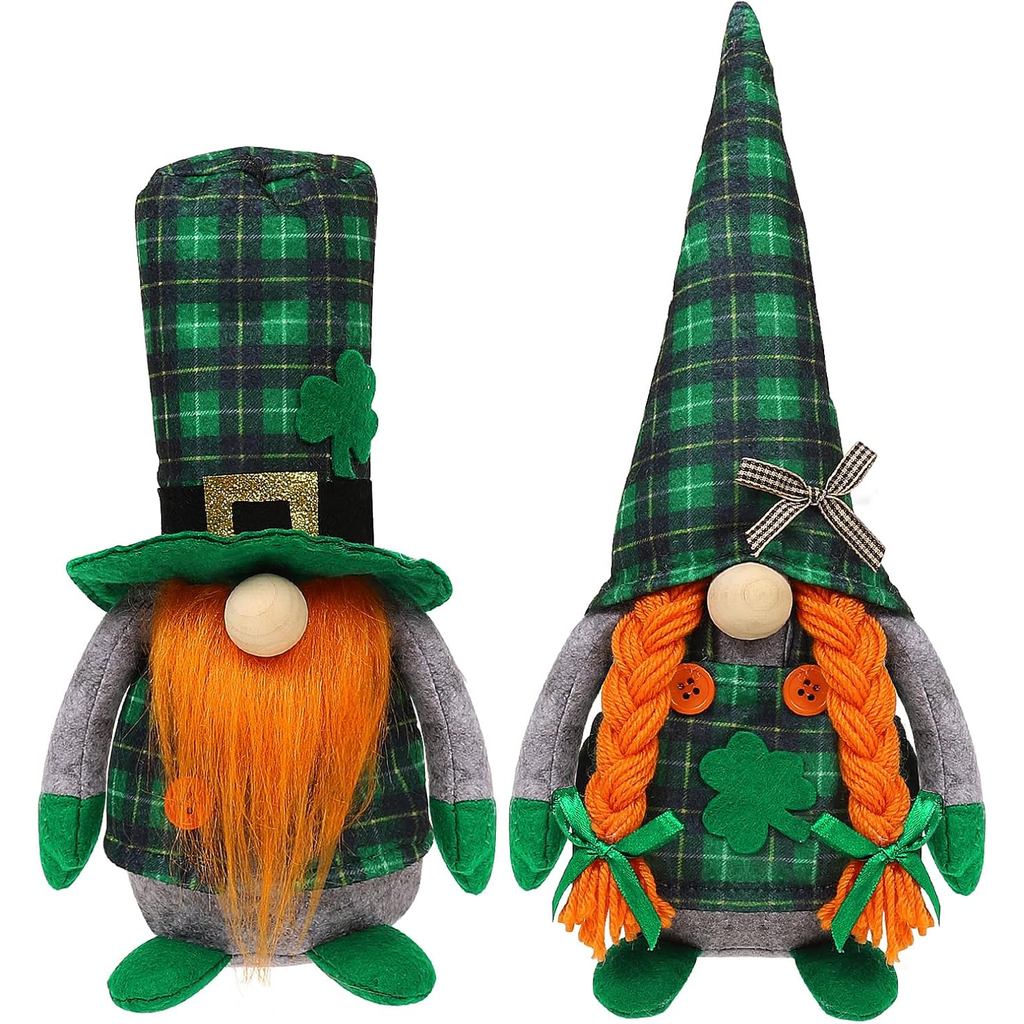 Decoração de Pelúcia de Gnomos para o Dia de São Patrício, Conjunto de 2 com Chapéus Xadrez Verdes Diferentes e Trevo, E