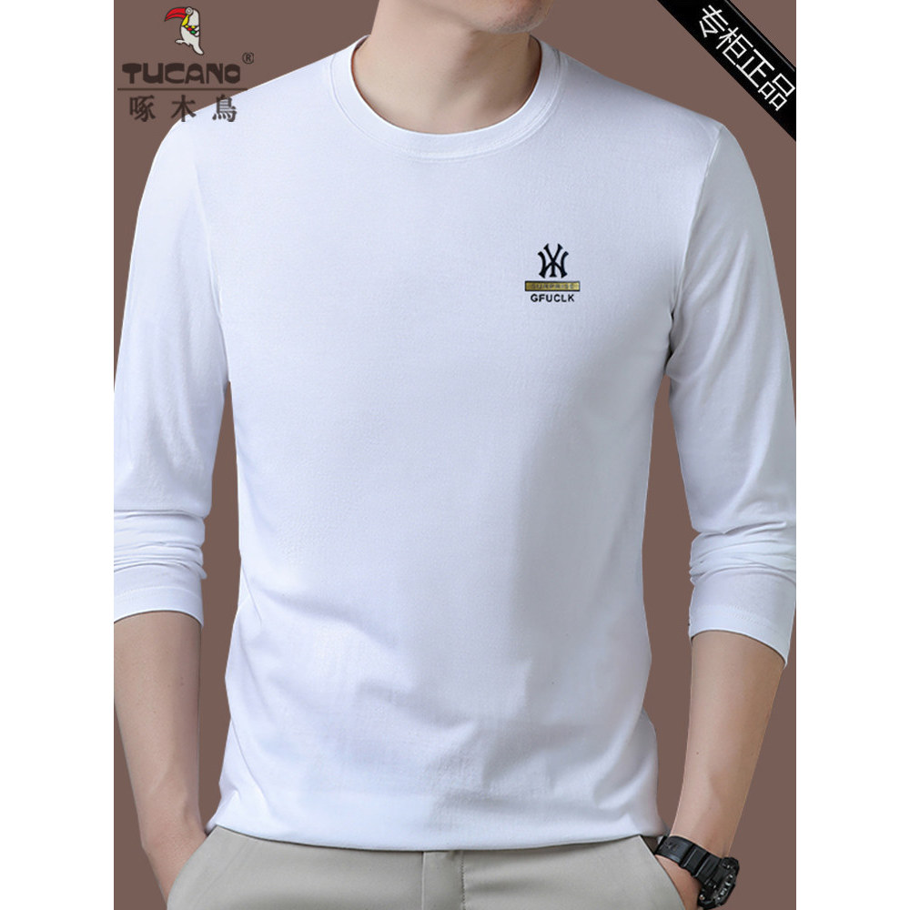 Woodpecker masculino de manga comprida camiseta puro algodão outono masculino em torno do pescoço Casual primavera outon
