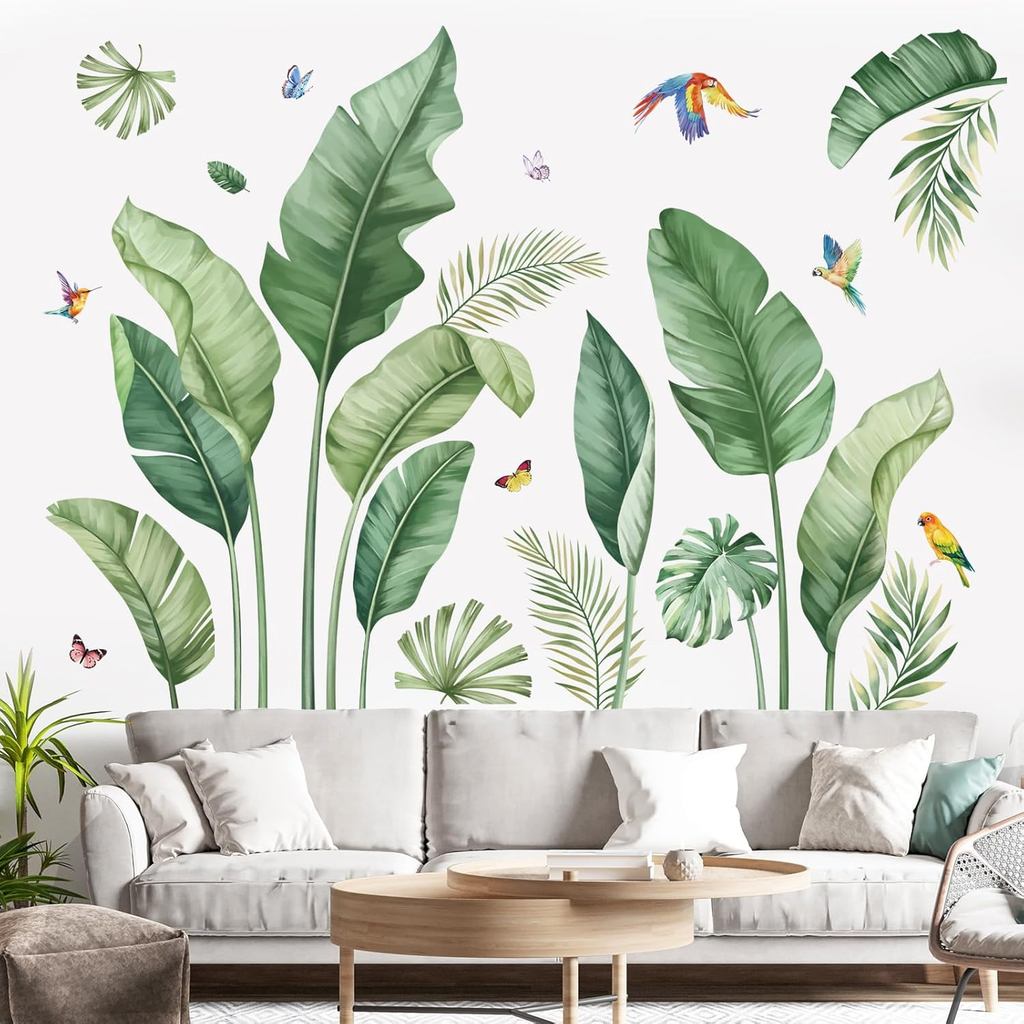 Decalmile Tropical Palm Leaves Wall Decals - Nature Banana Leaf Green Plants Birds Wall Art Stickers for Living Room Sof