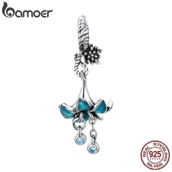 Bamoer Autêntico 925 Pingente De Flor De Prata Esterlina Pulseiras De Charme Acessórios Esmalte Azul BSC034