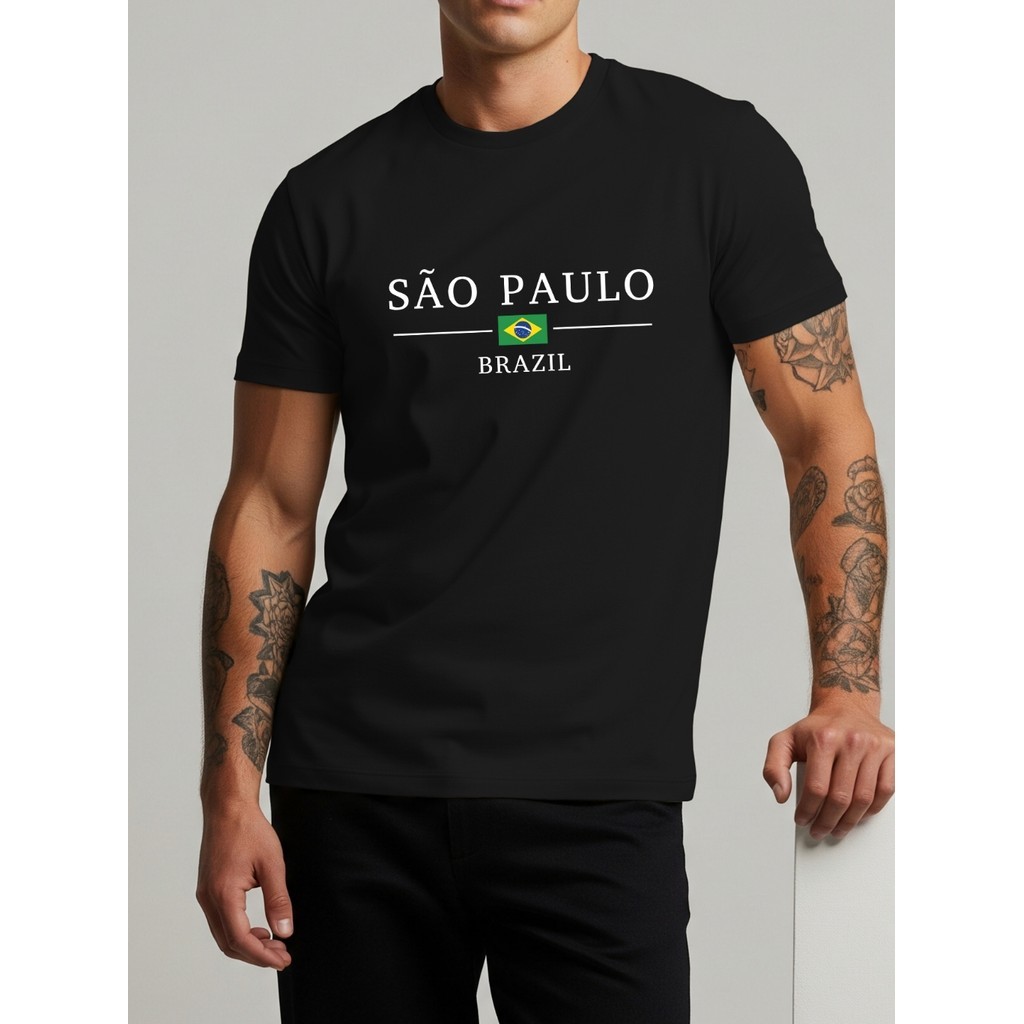 Camiseta Masculina São Paulo Brazil Estilo Casual Estampa Bandeira Camiseta Blusa T-Shirt