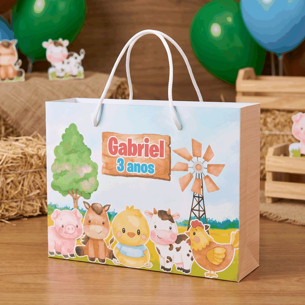 Sacolinha G para Festa de aniversário - Tema Fazendinha Personalizada com NOME E IDADE - Lembrancinha - Pegue e monte