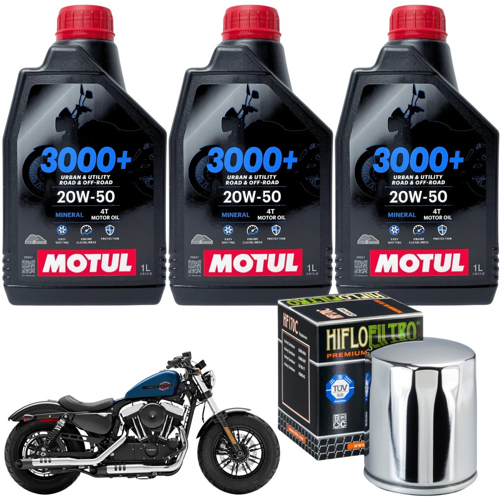 Kit Troca de Óleo Motul 3000 20w50 3 Litros + Filtro de Óleo HF170C Harley Sportster 883 1200 Iron Roadster 48