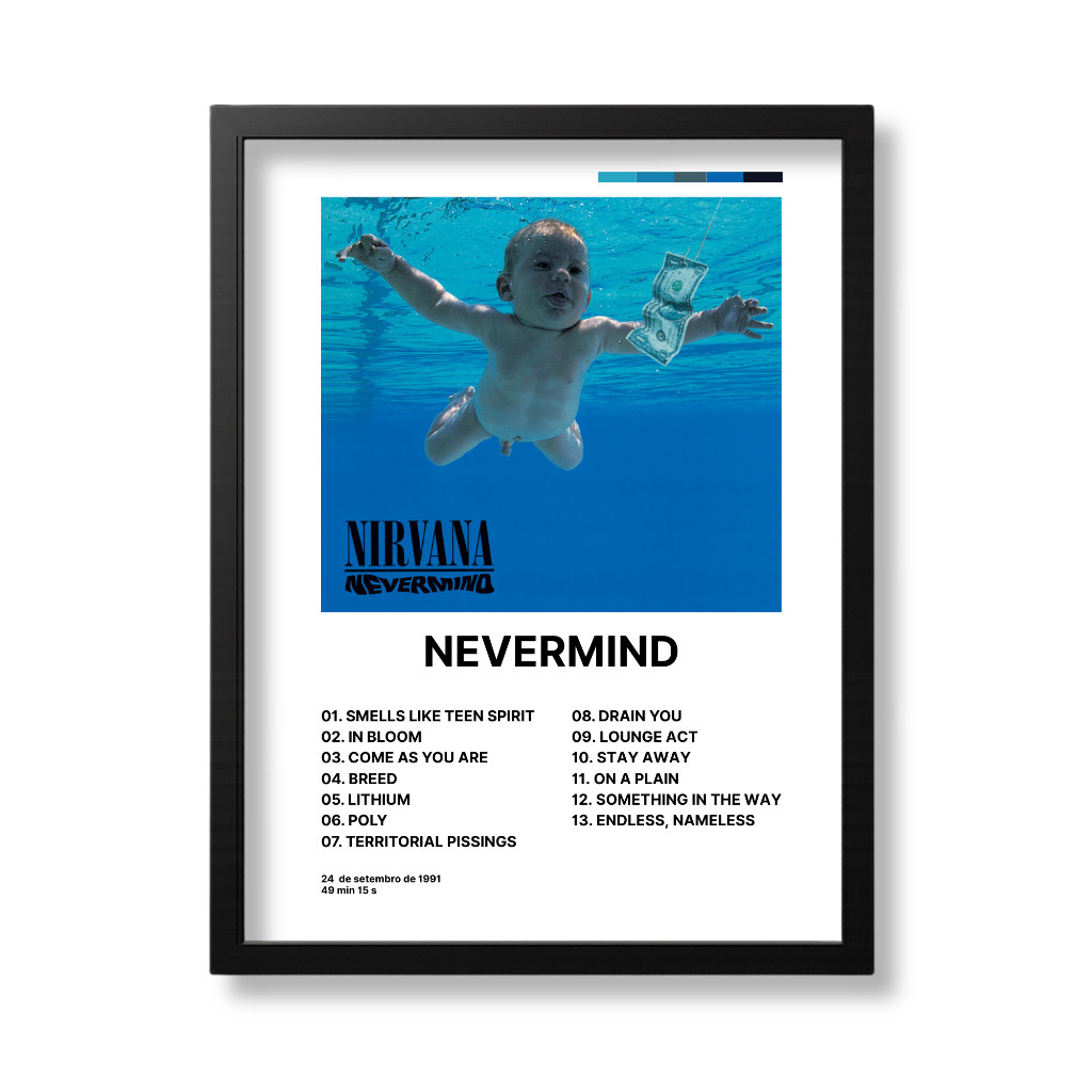 Quadro Com Moldura + Poster Decorativo Banda de Rock Nirvana Musica Grunge Nevermind Album