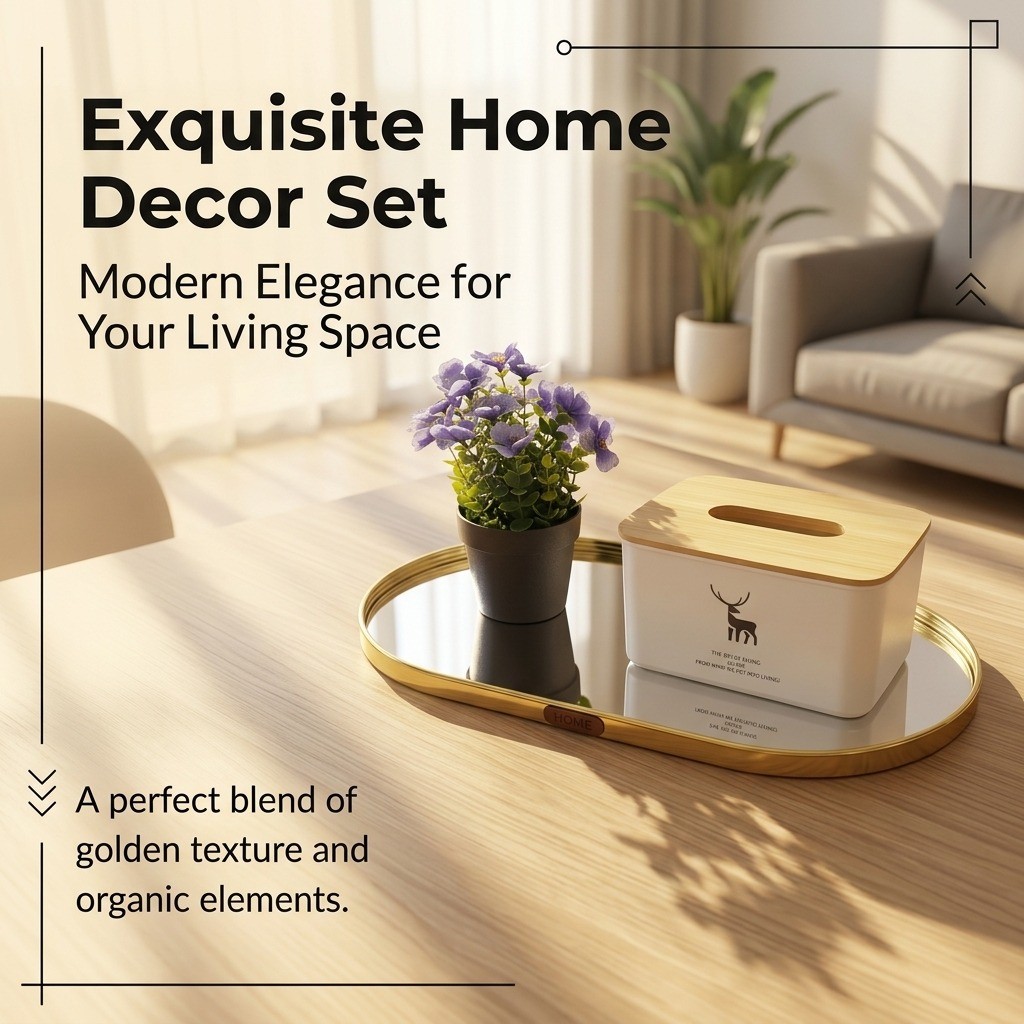 Kit Decoração Premium Bandeja Espelhada + Porta Lenço Bambu Conjunto Decorativo Bandeja Espelho Porta Lenços E Arranjo