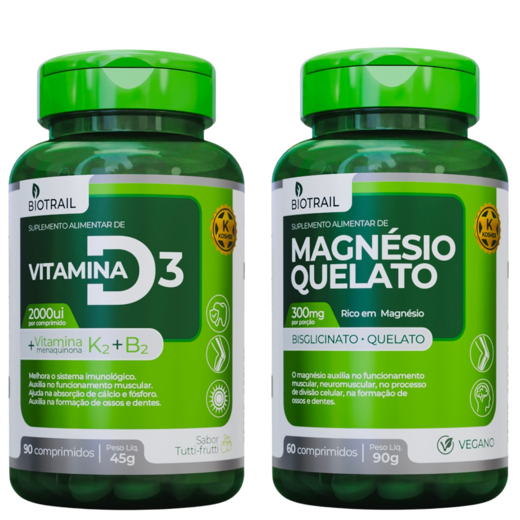 Kit Magnésio Quelato Bisglicinato + Vitamina D3 K2 B2 2000UI Biotrail Energia Imunidade Ossos