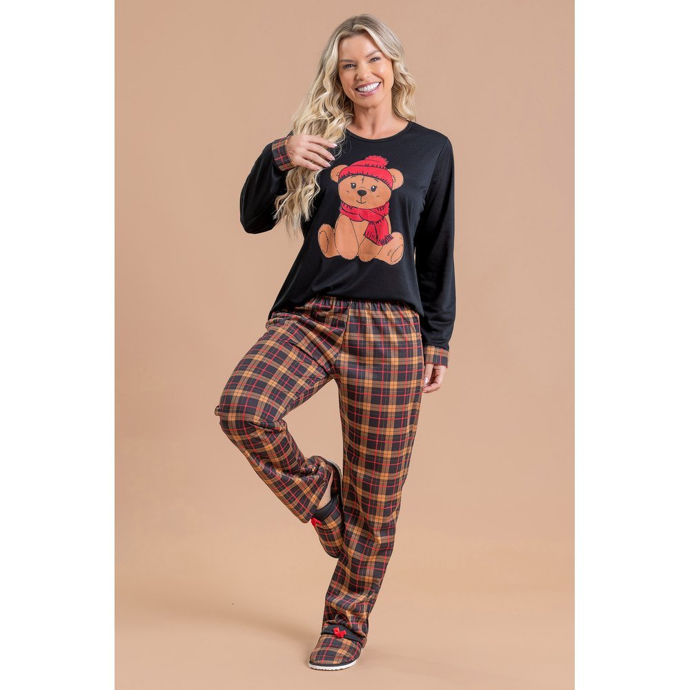 Pijama Longo Feminino Inverno Adulto Calça Urso Com Cachecol