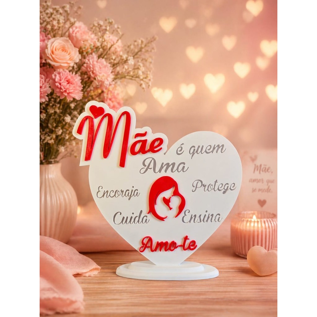 Escultura Decorativa Coração Mãe Amor Carinho Presente Dia das Mães Estatueta 3D Mesa