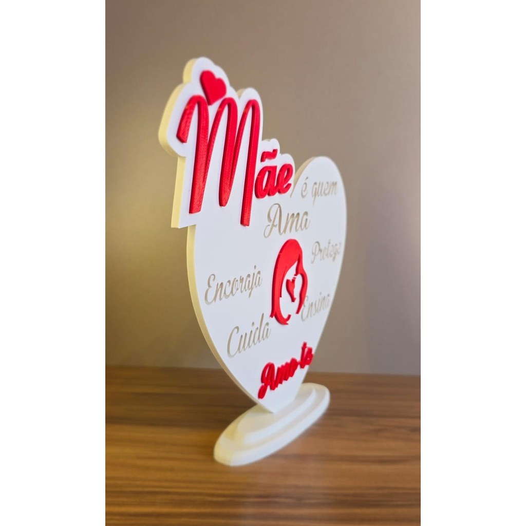 Escultura Decorativa Coração Mãe Amor Carinho Presente Dia das Mães Estatueta 3D Mesa