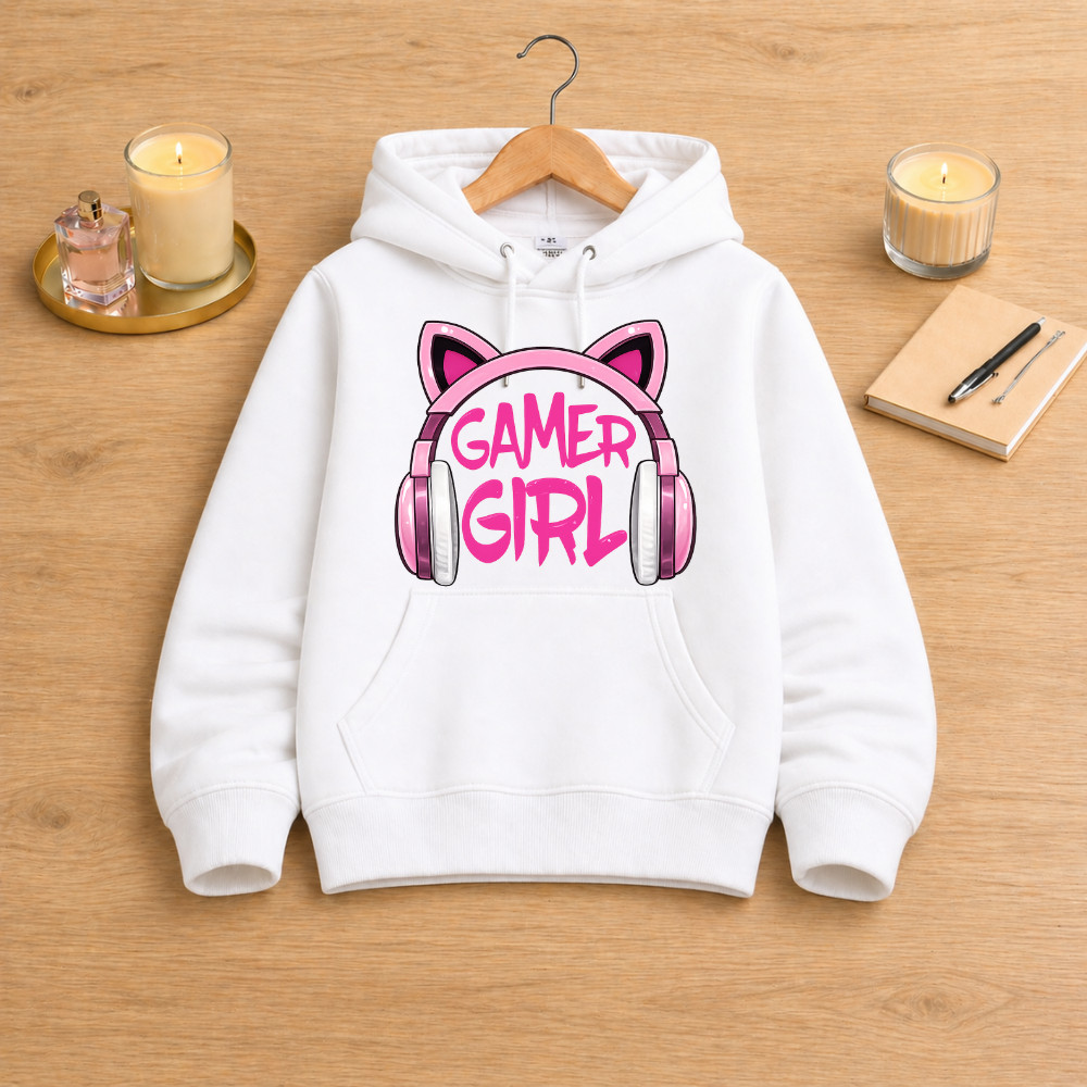 Blusa De Frio Infantil Moletom Canguru Gamer Girl Com Capuz Estampa Fone Inverno