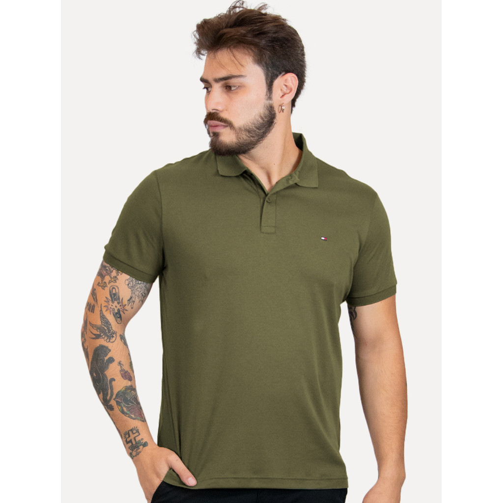 Polo Tommy Hilfiger Masculina Malha Liquid Cotton Essential Verde Militar