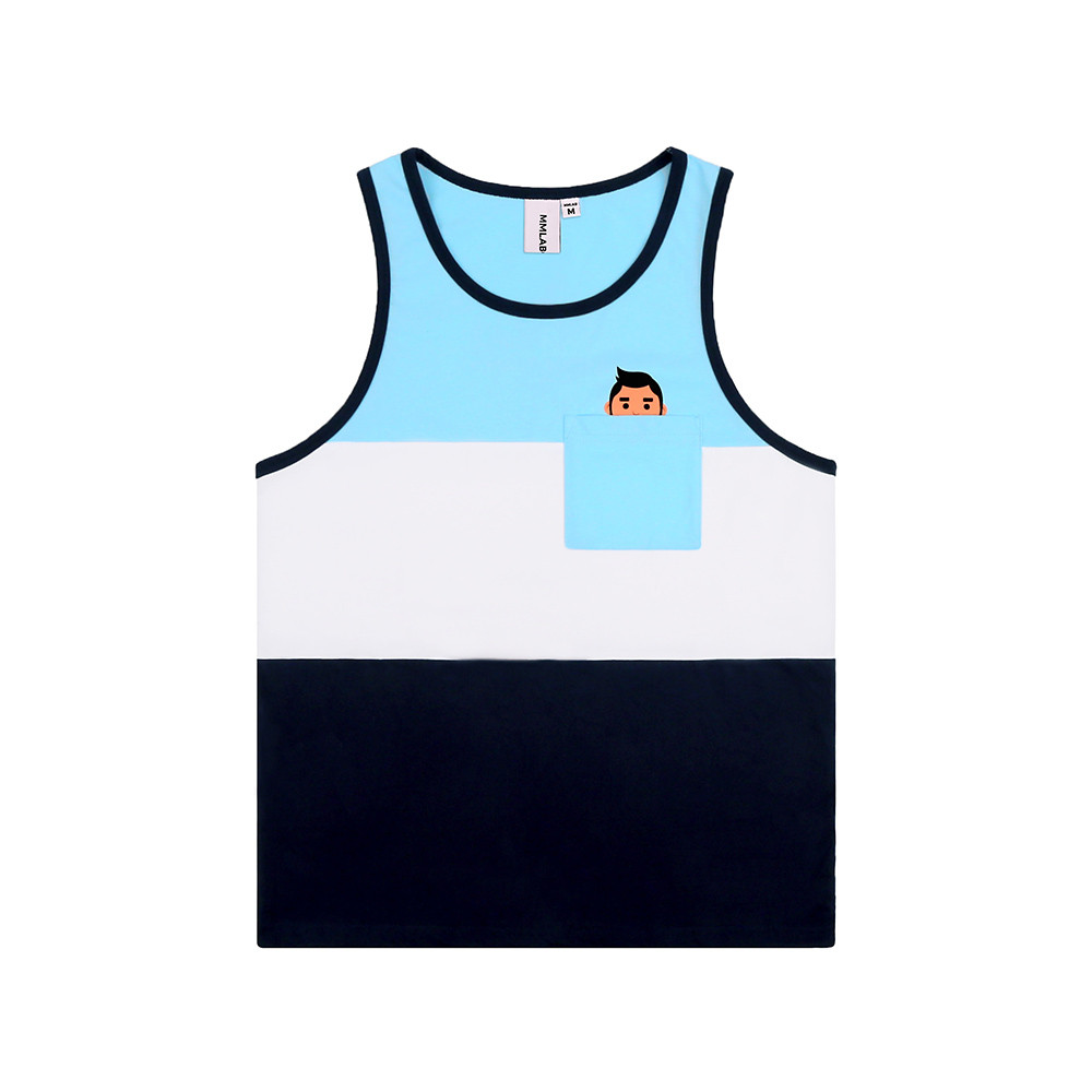 MMLABCREW MRMAI Verão Branco Azul Claro Azul Marinho Costura Contraste Cor Bolso Esportes Fitness Lazer Colete