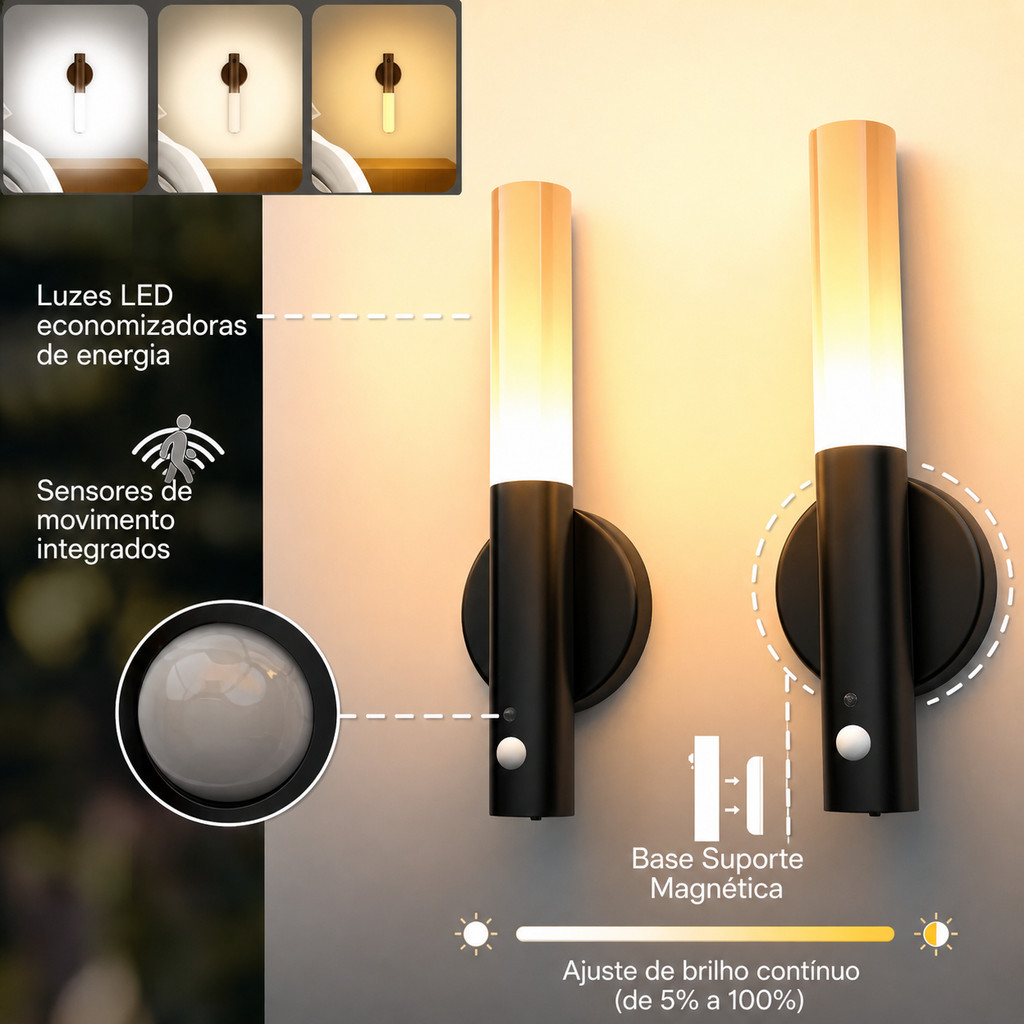 Luminaria Led Recarregável Sensor de Movimento de Madeira Minimalist Mesa Parede Magnética 3 cores ajustáveis