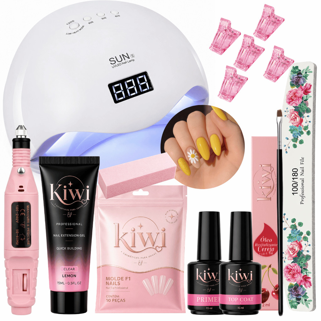 Kit De Unhas Polygel + Caneta Oleo Hidratante De Cuticula + Cabine De Unha Estufa Led UV Sun 5 + Esmalte Em Gel Manicure
