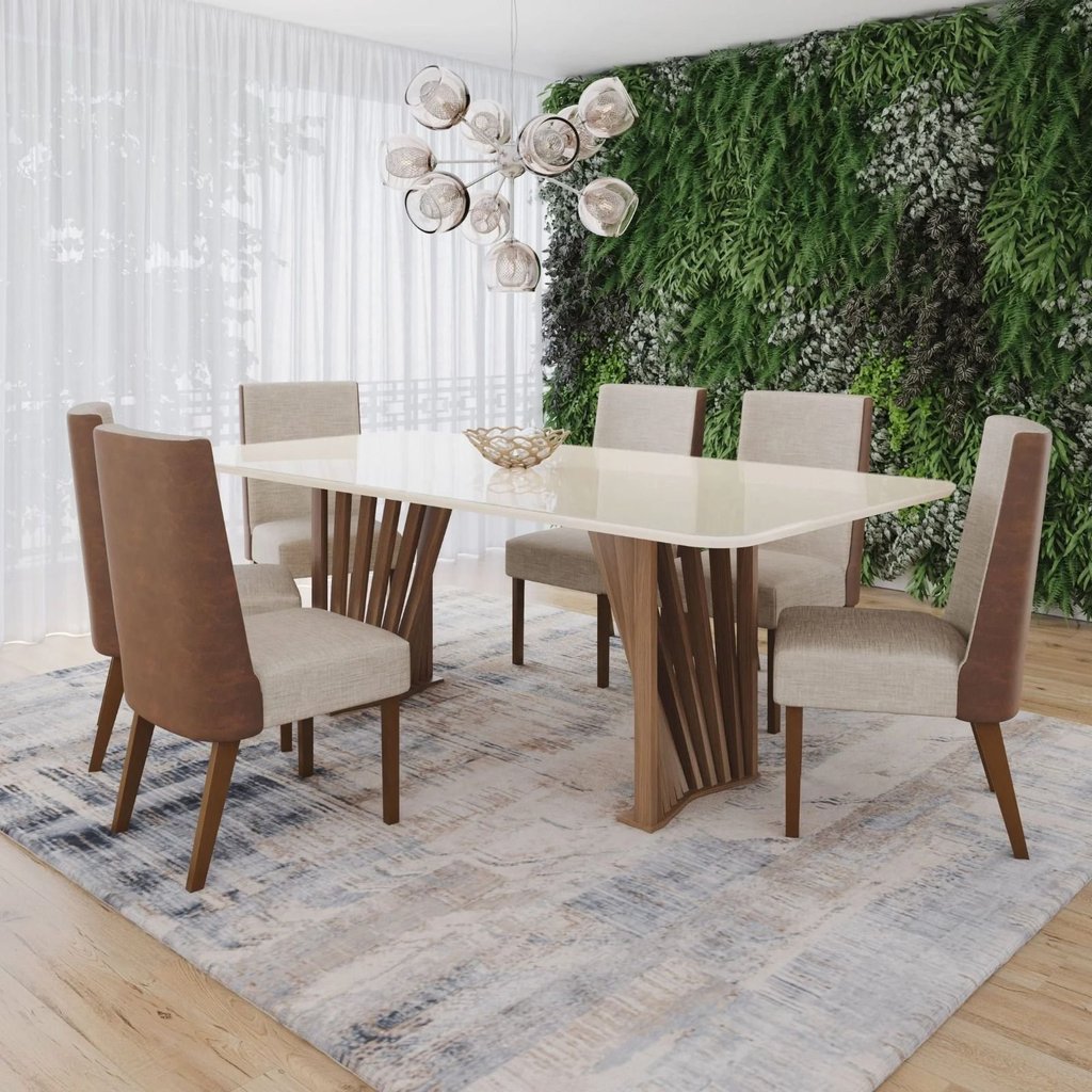 Conjunto Sala de Jantar Mesa Tampo MDF/Vidro com 6 Cadeiras Milena Bege/Nature/Off White/Linho