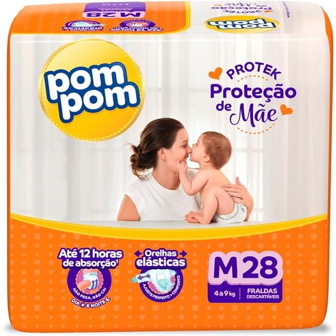 Fralda Pom Pom Protek Proteção de Mãe Jumbo M com 28 Unidades 