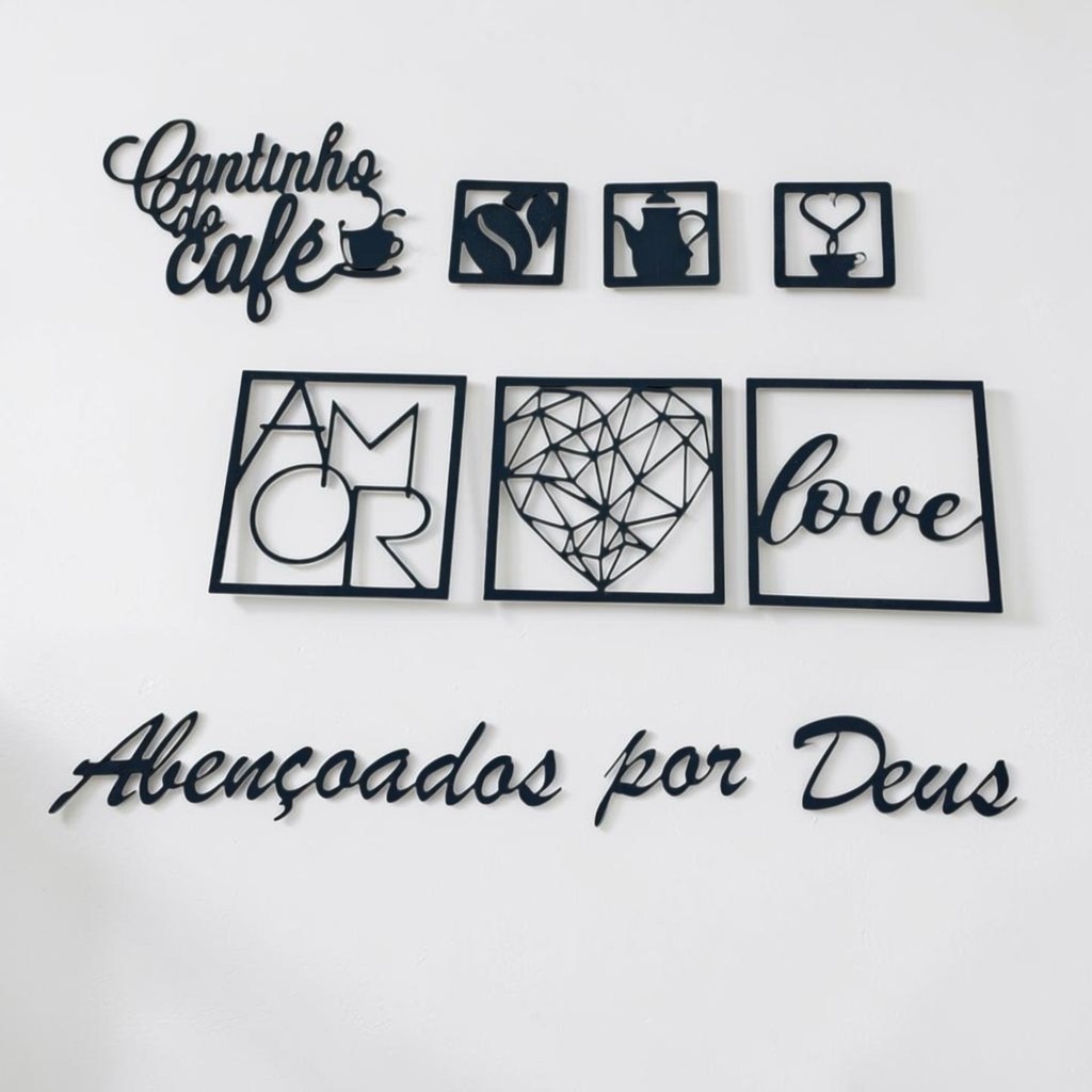 Kit 8 Placas Decorativas com Frases Letreiros Cantinho do Café e Abençoados por Deus