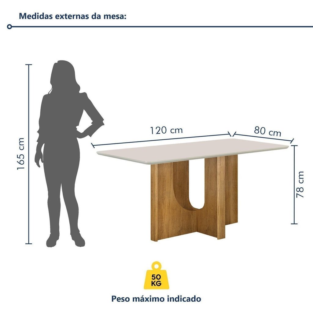 Mesa de Jantar 4 Lugares Retangular 120cm Tampo Vidro/MDF de 2,5cm Dora 120