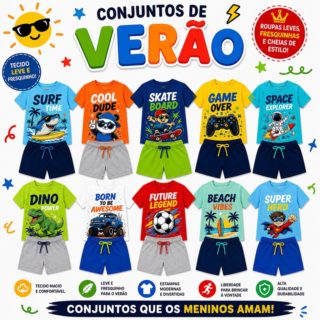 Kit Sortido 2 ou 4 Peças Conjunto Infantil Masculino Verão Menino Camiseta e Short Roupa Leve Confortável