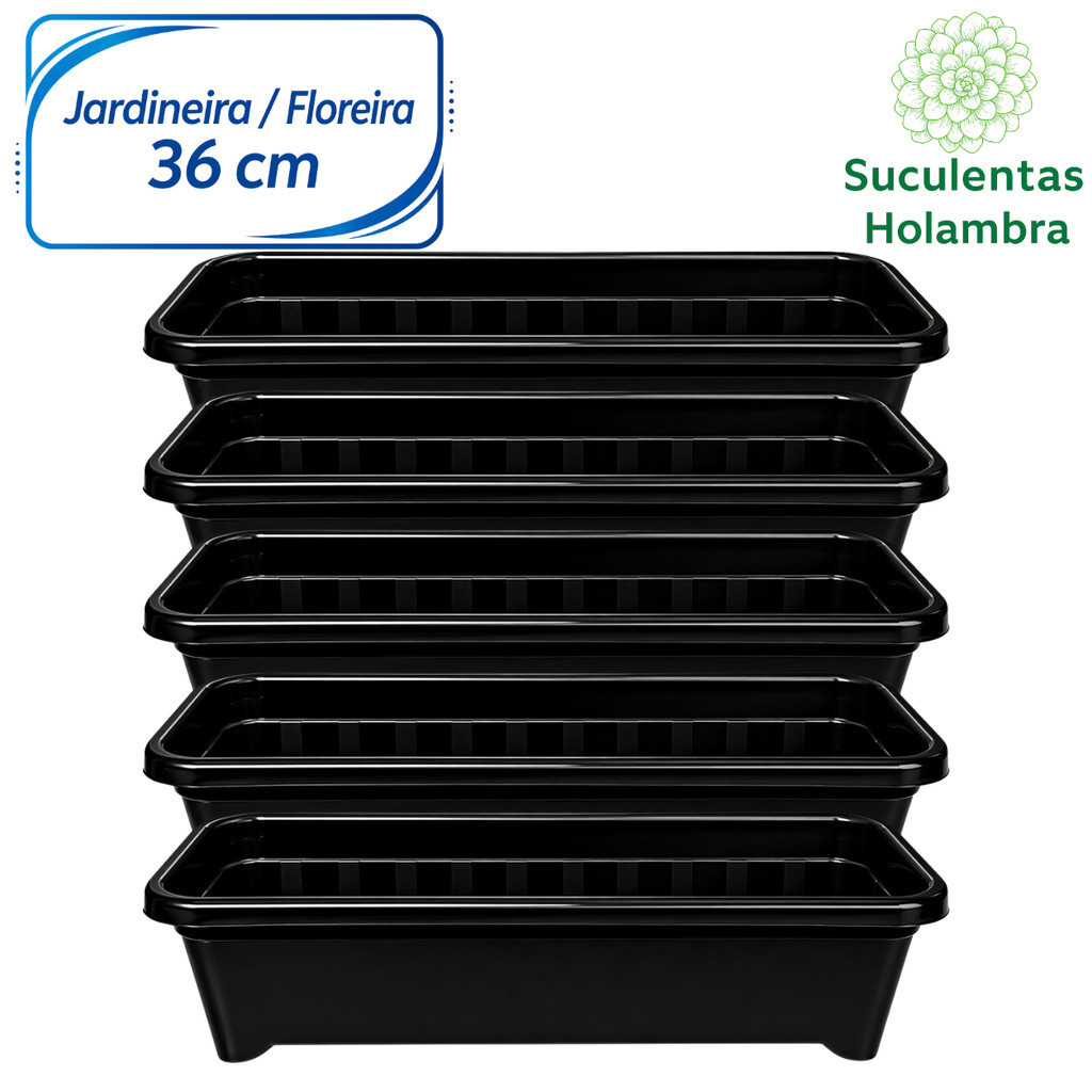 Kit 5 Vasos Jardineira Floreira Grande 36 cm 3 Litros – Cor Preta