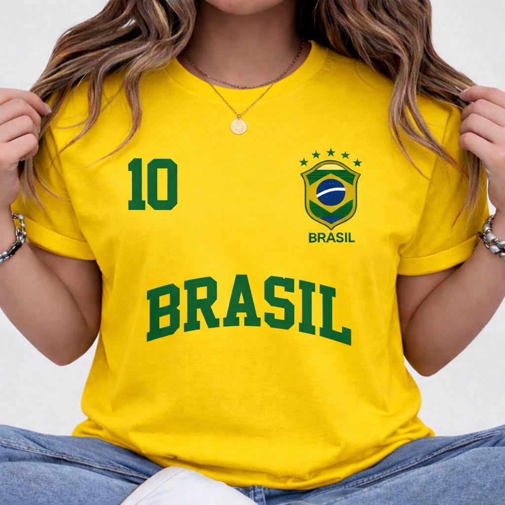 Camiseta Camisa Feminina Blusa 100% Algodão Streetwear Brasil Copa Bandeira Futebol Tendência Oferta