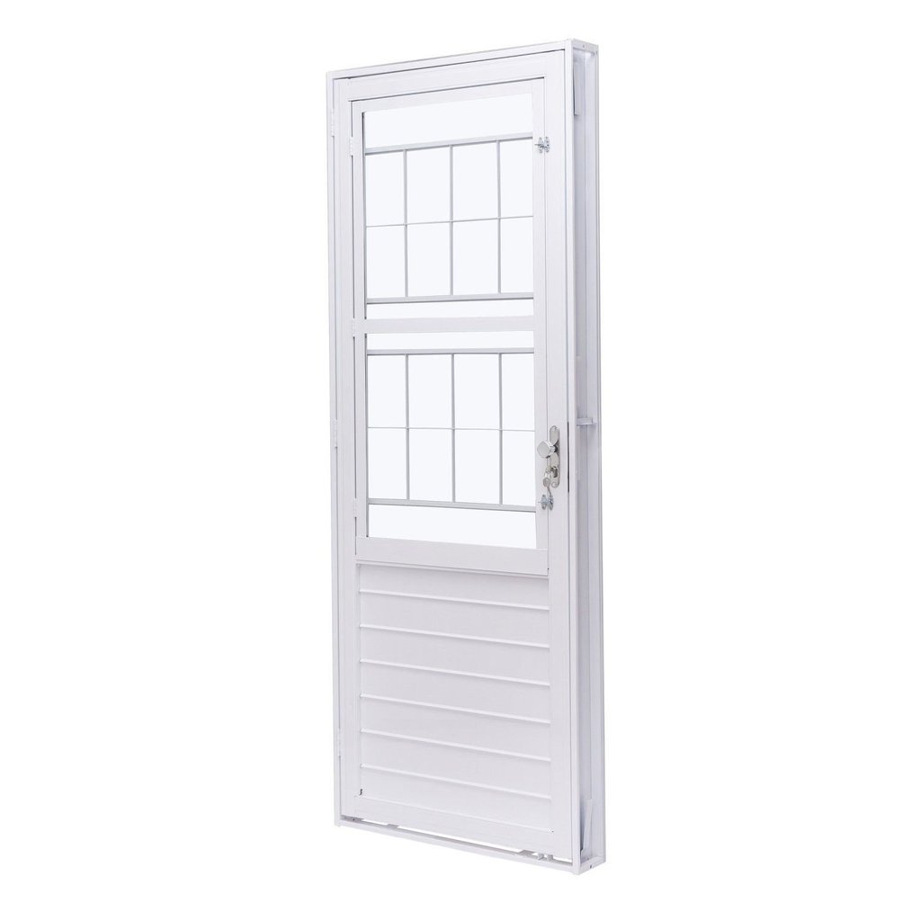 Porta de Aço com Postigo 215x83cm com Grade Quadriculada e Vidro Liso Unicsol Ramassol Direita