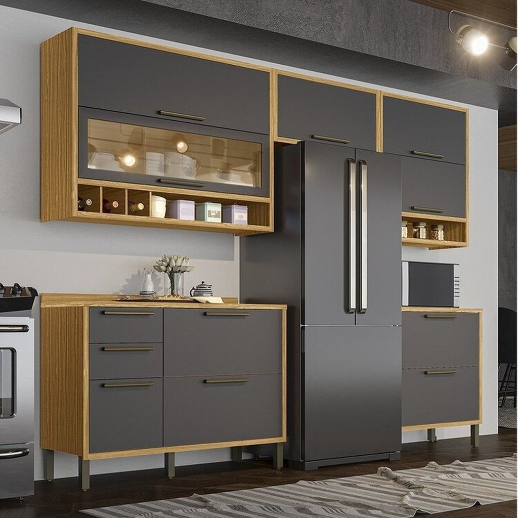 Cozinha Completa Modulada 100% MDF 5 Peças 8 Portas e Vidro Reflecta 280cm Vicenza Espresso Móveis