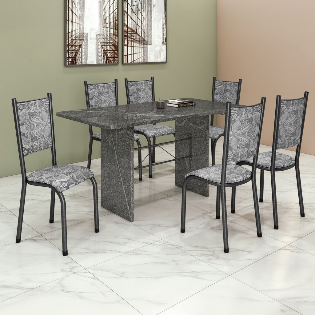 Conjunto Sala de Jantar Tubular 6 Lugares Retangular Mesa Tampo Granito Topázio Bianca