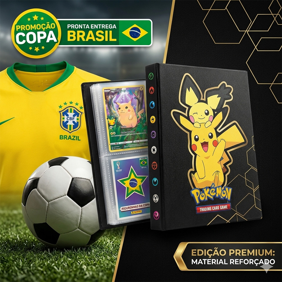 Porta Cards Pikachu PREMIUM Álbum De Cartas Pokémon 240 Bolsos Edição Especial Copa Do Mundo Brasil