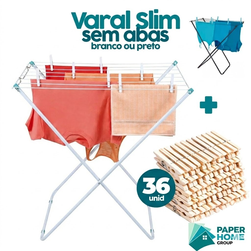 Varal De Roupas Compacto Dobrável Slim Branco Preto Com Prendedores