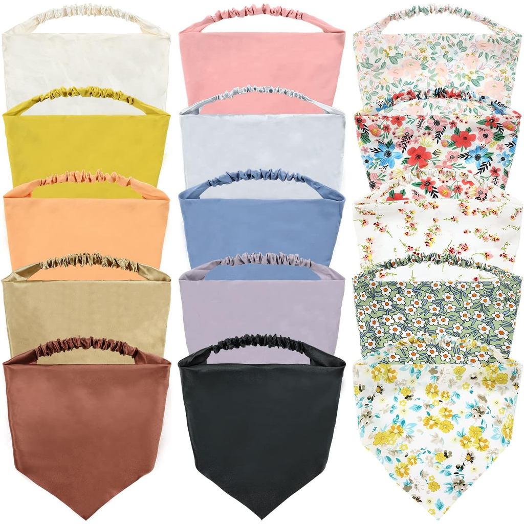 Lawie 15 Pack Large Solid Colorful Floral Bandana Headband Triangle Satin Silk Blank Plain Boho Hair Scarf Headbands Ela