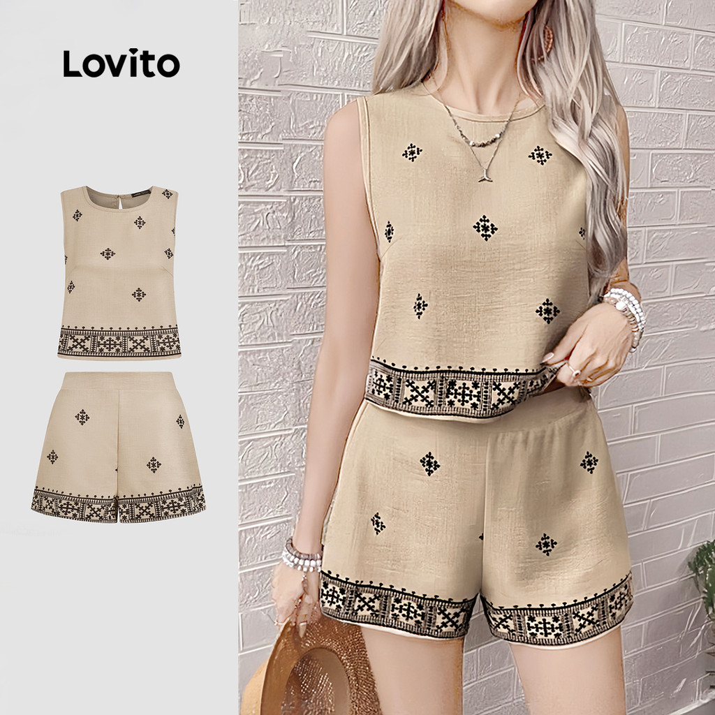 Lovito Conjuntos Casuais De Blusas E Calças Cáqui Estilo Nacional Primavera/verão Para Mulheres LK3AD1126