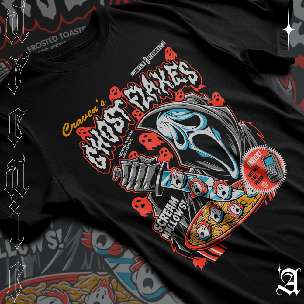 Camiseta Basica Algodao Ghost Flakes Scream Mallows Panico Inside Movie Halloween Cartoon Unissex