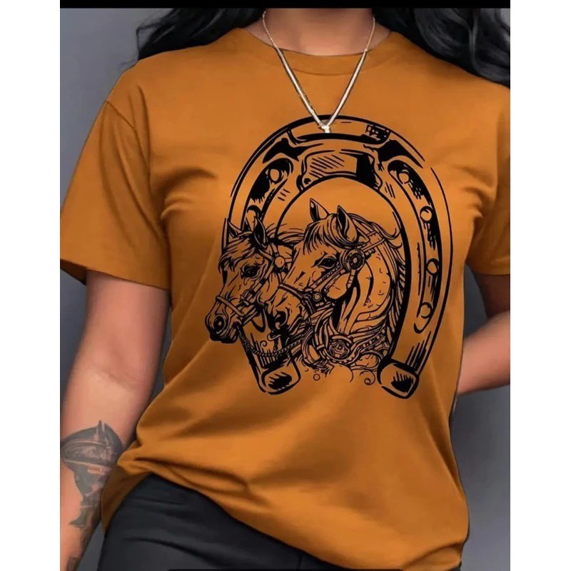 Camiseta Estampada Country Fivela Camisa Algodão Unissex Camiseta Ferradura Camiseta Cavalo Plus size