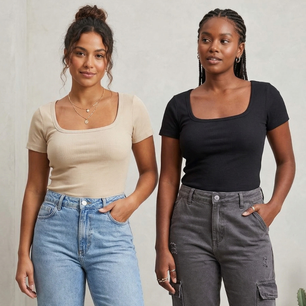Kit 2 Blusa Feminina Canelada Decote Gola Quadrada Tendência Manga Curta Blusinha Básica