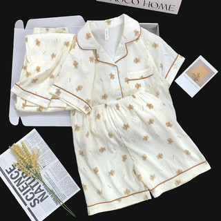 Conjunto De Pijama Feminino Verão Nuvem Algodão Gola Entalhe Cardigã Manga Curta 3 Peças Roupa De Casa