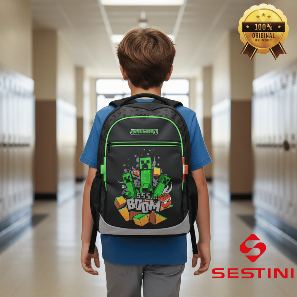Mochila Meninos Minecraft Grande Espaçosa Interativa Bolsos Laterais TNT Creeper Sestini Original