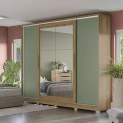 Guarda-Roupa Casal Kappesberg, 4 Portas de Correr Reversíveis com Espelho, Verde ou Macadâmia