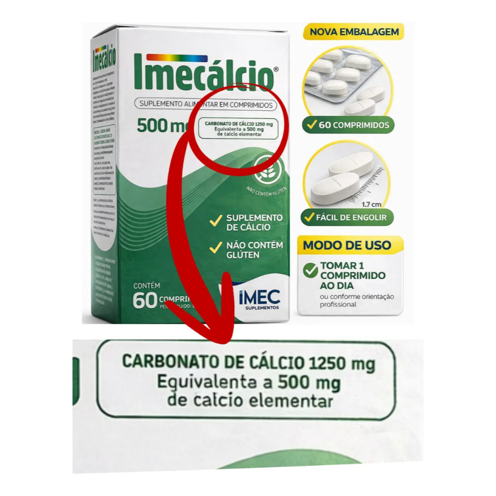 Imecalcio 500mg Cálcio Elementar (1250mg Carbonato De Cálcio)