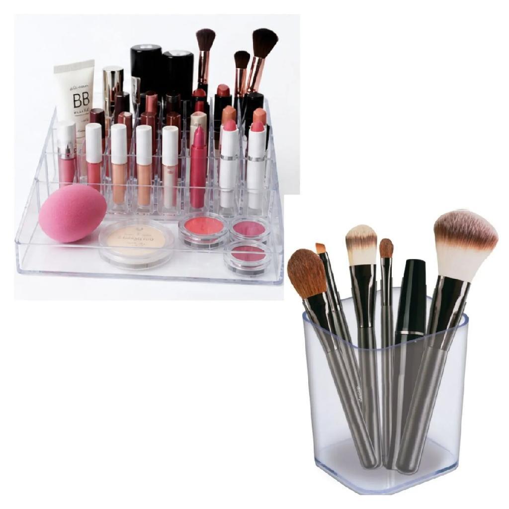 Kit Porta Pincel e Organizador de Cosméticos Cristal Transparente para Maquiagem e Acessórios Beleza