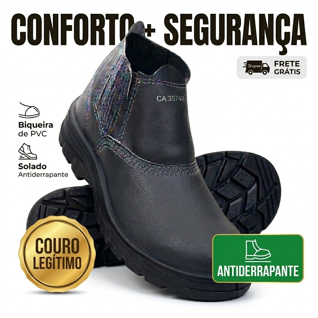 Botina EPI Couro Legítimo CA Biqueira PVC Solado Antiderrapante Trabalho Profissional Obra Leve Confortável