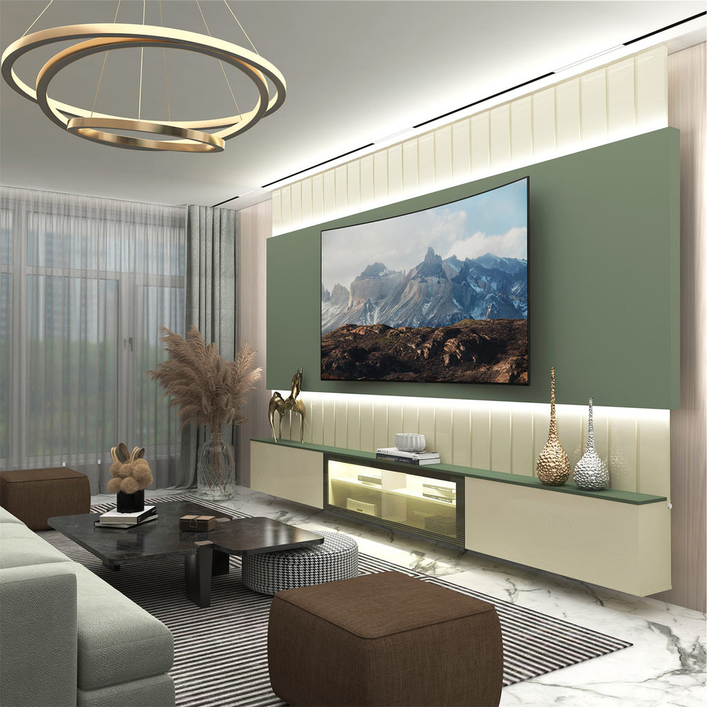 Home Ripado Soberano Reflecta Sala TV 85 polegadas MDF LED Off White/Verde Floresta - Gelius Móvei