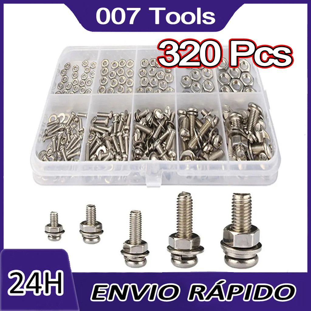 Kit 320 Parafusos Porcas Arruelas Aço M2 M2.5 M3 M4 M5 Completo