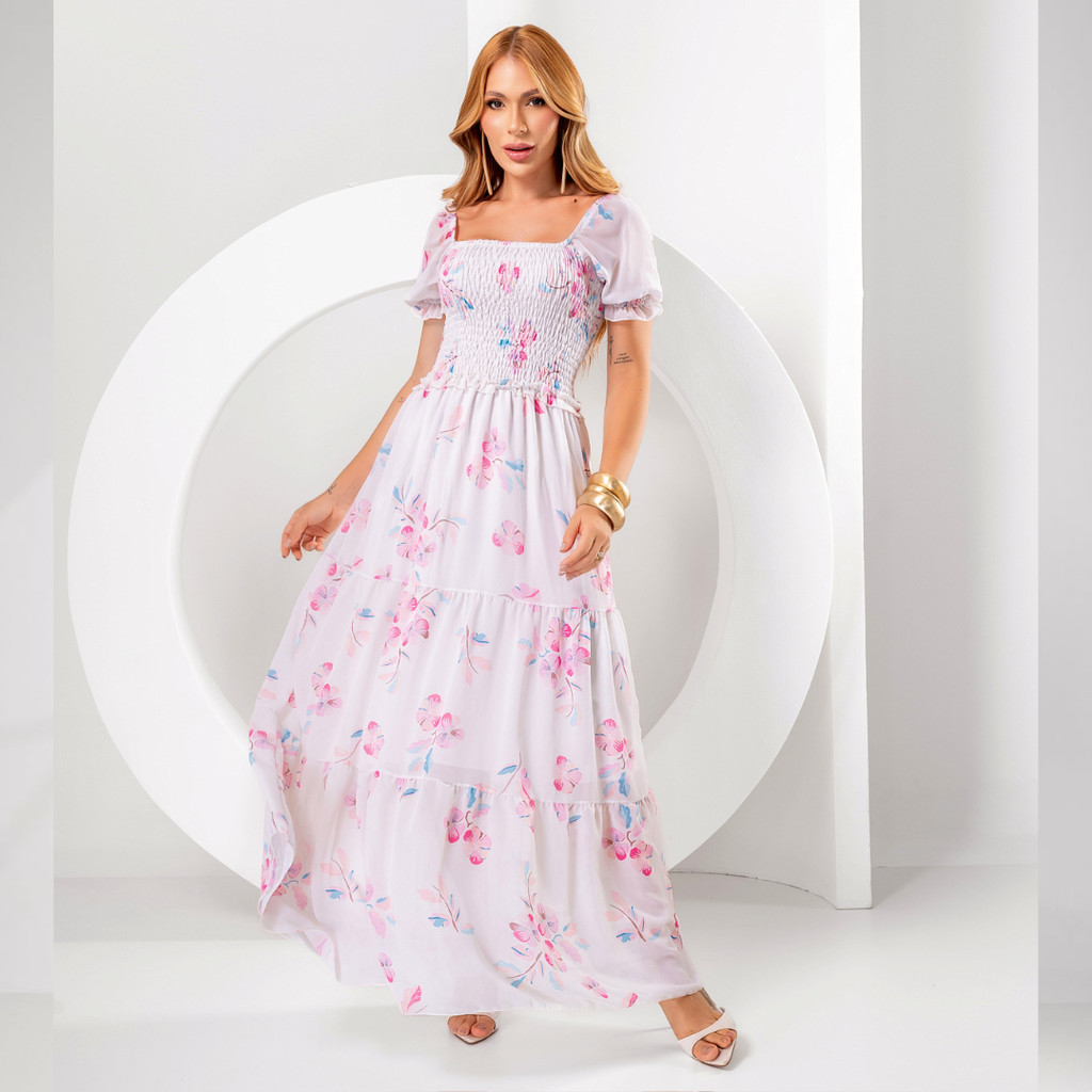 Vestido Longo Evangélico Floral Feminino com Lastex  Longo Romântico Manga Curta Elegante para Igreja Culto e Eventos