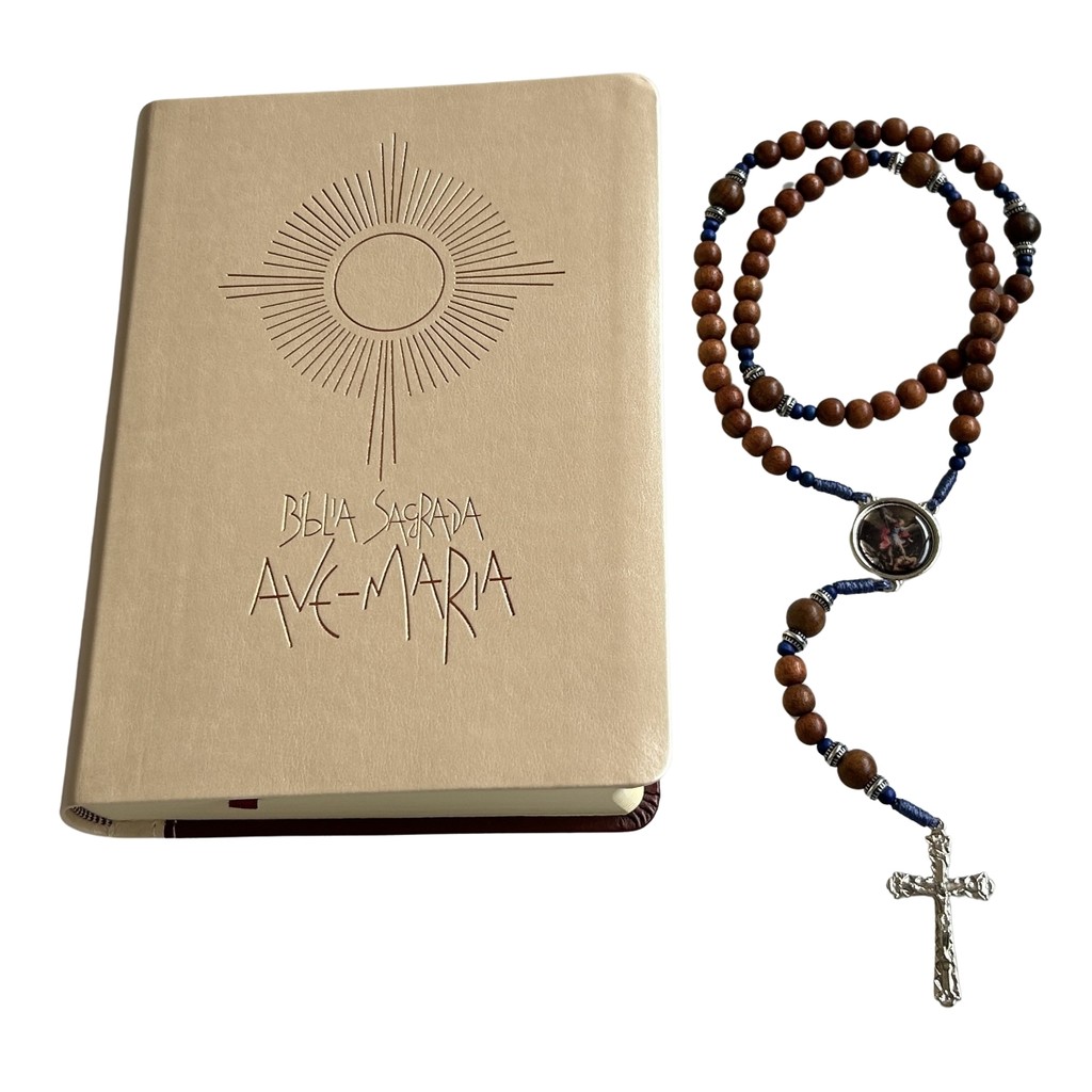 Kit Bíblia Eucaristia Católica Terço De São Miguel Arcanjo Cor Canela Rosário Sagrada Ave-maria Crucifixo Jesus Livro