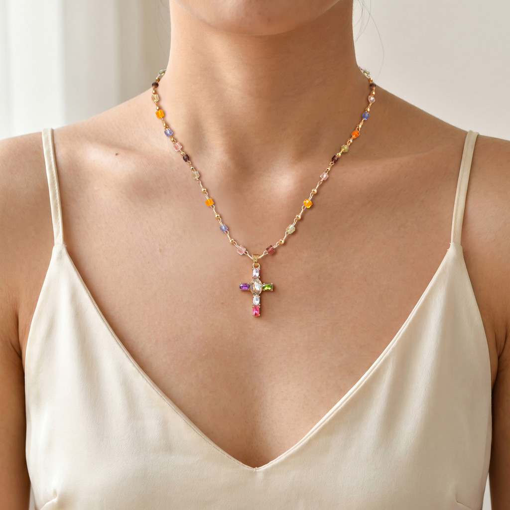 Colar Com Pingente De Zircônia Cruzada De Cristal Colorido Vnox Para Mulheres, Corrente De Clavícula Banhada A Ouro, P · foto 2