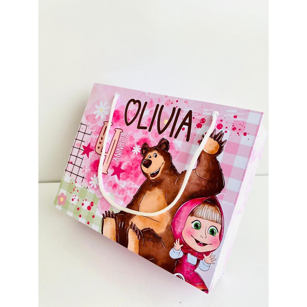 Sacolinha Grande Personalizada Tema Marsha e o Urso para Lembrancinhas de Aniversário.