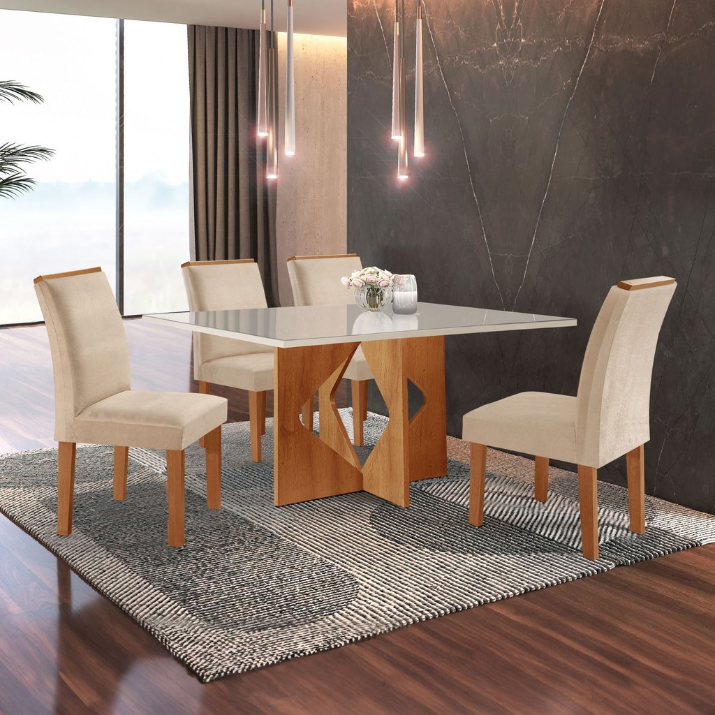 Conjunto Sala de Jantar Mesa Dakota Plus 120x80cm Tampo Vidro com 4 Cadeiras Laura Yescasa Cinamomo/Off White/Suede Pena