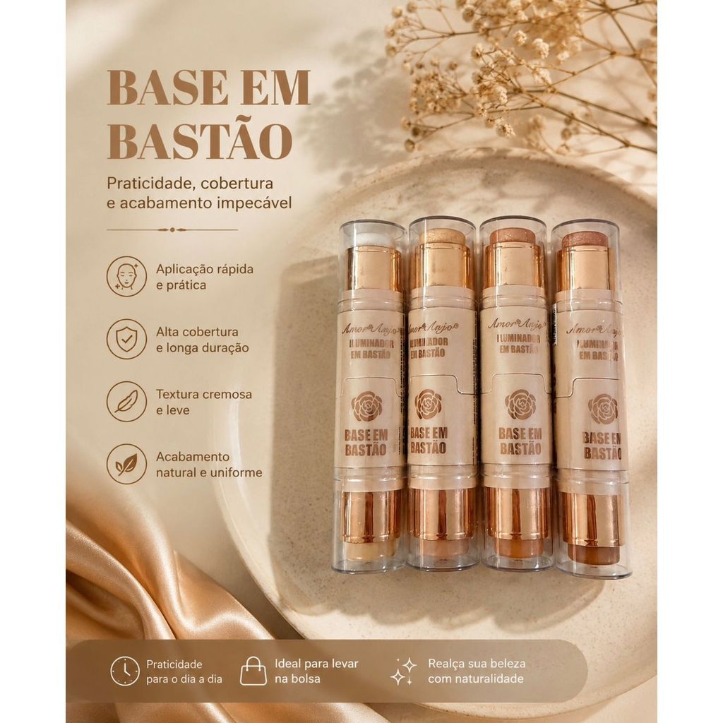 Kit c/4 uni Glow Duo Stick Facial Base e Iluminador em Bastão 2 em 1 Efeito Acabamento Natural