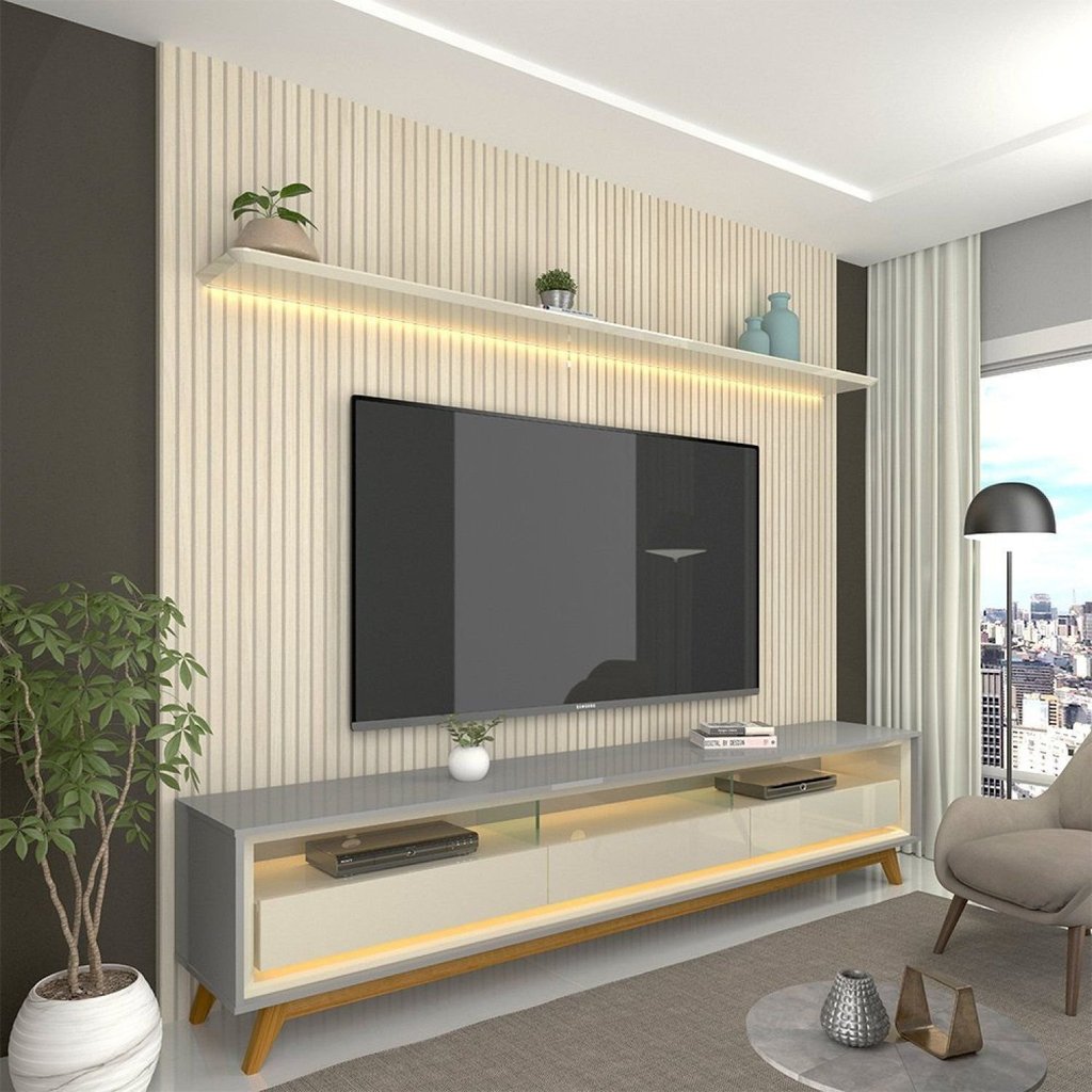 Rack com Painel Ripado para TV até 90 Polegadas com LED 100% MDF 224CMX250,5cm Pés em Madeira Maciça Impressão